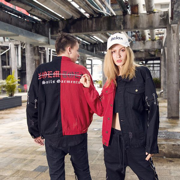mens women panelled black red jean jacket big pins joint sleeve outerwear gd highstreet couples jacket, Black;brown
mens women panelled black red jean jacket big pins joint sleeve outerwear gd highstreet couples jacket, Black;brown