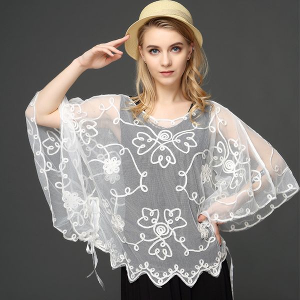 2018 summer casual loose oversized thin mesh embroidery floral batwing cloak cape see-through lace poncho jacket feminino, White;black
2018 summer casual loose oversized thin mesh embroidery floral batwing cloak cape see-through lace poncho jacket feminino, White;black