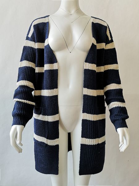 2018 autumn and winter new european and american women's sweater explosion models long double pocket striped cardigan 66674, White;black
2018 autumn and winter new european and american women's sweater explosion models long double pocket striped cardigan 66674, White;black