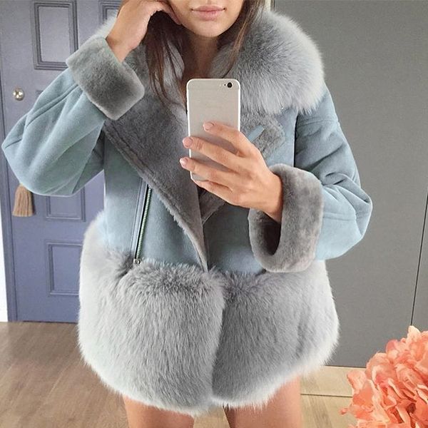 women faux fur jacket coat winter warm thick outwear casual fur lining short bottom collar leather suede gray blue lady, Black
women faux fur jacket coat winter warm thick outwear casual fur lining short bottom collar leather suede gray blue lady, Black