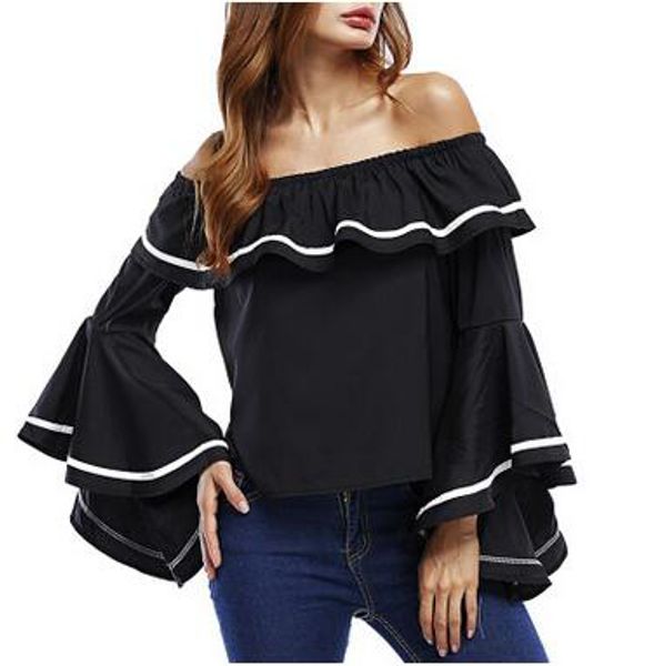 women off shoulder ruffle short style t-shirts european and american style slash neck long sleeve solid t shirts, White
women off shoulder ruffle short style t-shirts european and american style slash neck long sleeve solid t shirts, White