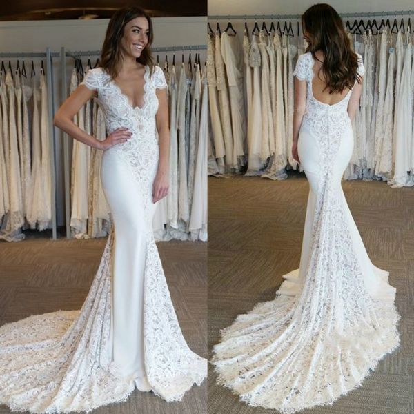fabulous mermaid lace wedding dresses deep v neck backless bridal gowns with cap sleeves sweep train trumpet plus size vestido de novia, White
fabulous mermaid lace wedding dresses deep v neck backless bridal gowns with cap sleeves sweep train trumpet plus size vestido de novia, White