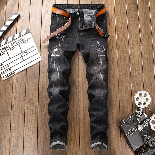 men fashion stretch jeans pants 2018 spring and summer new personality slim retro embroidery holes denim trousers, Blue
men fashion stretch jeans pants 2018 spring and summer new personality slim retro embroidery holes denim trousers, Blue