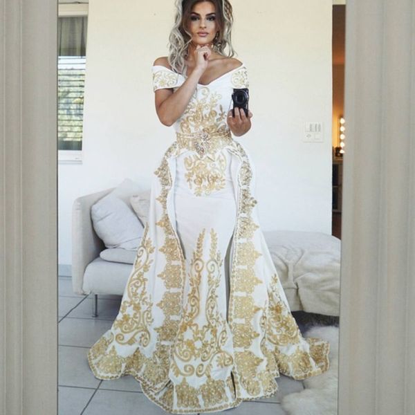 glamorous mermaid prom dresses with overskirt off shoulder golden lace applique satin party dress elegant floor length evening dresses, Black
glamorous mermaid prom dresses with overskirt off shoulder golden lace applique satin party dress elegant floor length evening dresses, Black