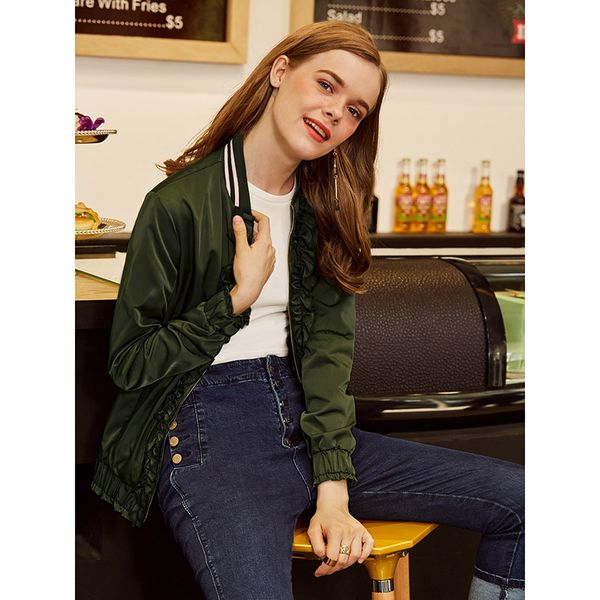 women ruffle bomber jacket casual green zipper autumn coat street plain fashion young girls thick pleated patchwork jacket, Black;brown
women ruffle bomber jacket casual green zipper autumn coat street plain fashion young girls thick pleated patchwork jacket, Black;brown