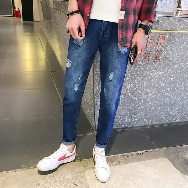 men jeans hole retro casual men denim jeans washed vintage distressed cuffs 2018 spring summer solid mens ankle-length pants, Blue
men jeans hole retro casual men denim jeans washed vintage distressed cuffs 2018 spring summer solid mens ankle-length pants, Blue