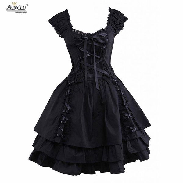 

womens classic lolita dress gothic black layered lace-up cotton short sleeves cosplay costumes lolita dress party halloween, Black;red