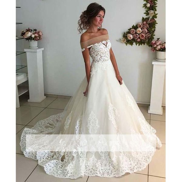 Elegant A Line Wedding Dresses Off-the-Shoulder Lace Appliques Bridal Gowns Sweep Train Vintage Lace Plus Size Wedding Gowns
Elegant A Line Wedding Dresses Off-the-Shoulder Lace Appliques Bridal Gowns Sweep Train Vintage Lace Plus Size Wedding Gowns