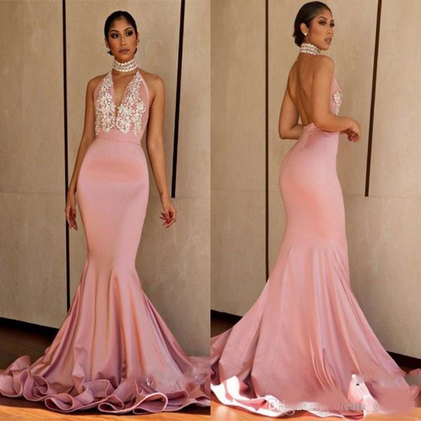 pink halter prom dresses 2020 deep v neck beads satin backless party dress count train mermaid evening gowns, Black
pink halter prom dresses 2020 deep v neck beads satin backless party dress count train mermaid evening gowns, Black