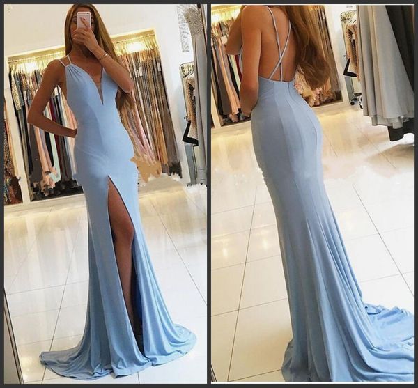 2019 new simple mermaid prom dresses sky blue sweep train party dresses evening wear side slit prom formal gowns custom made, Black
2019 new simple mermaid prom dresses sky blue sweep train party dresses evening wear side slit prom formal gowns custom made, Black