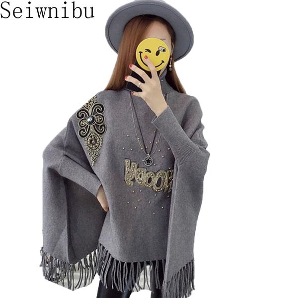 women turtleneck cloak knitted sweater autumn winter gray beading tassel batwing sleeve casual shawl cape loose pullover coat, White;black
women turtleneck cloak knitted sweater autumn winter gray beading tassel batwing sleeve casual shawl cape loose pullover coat, White;black