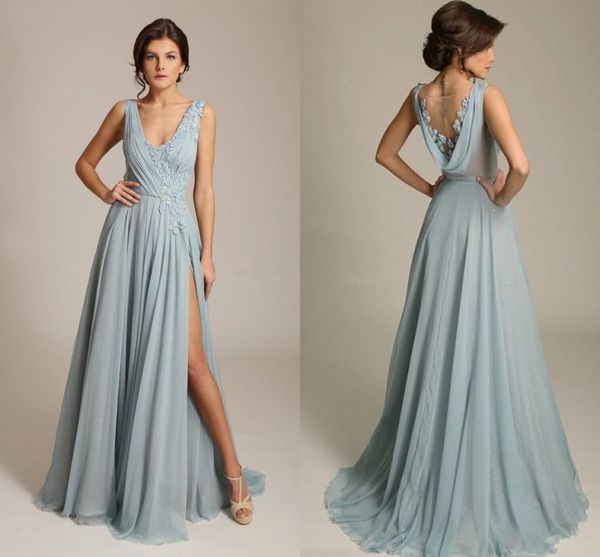 gorgoues dusty blue evening dresses v neck sleeveless appliques chiffon draped back high split formal prom gowns sweep train, Black
gorgoues dusty blue evening dresses v neck sleeveless appliques chiffon draped back high split formal prom gowns sweep train, Black