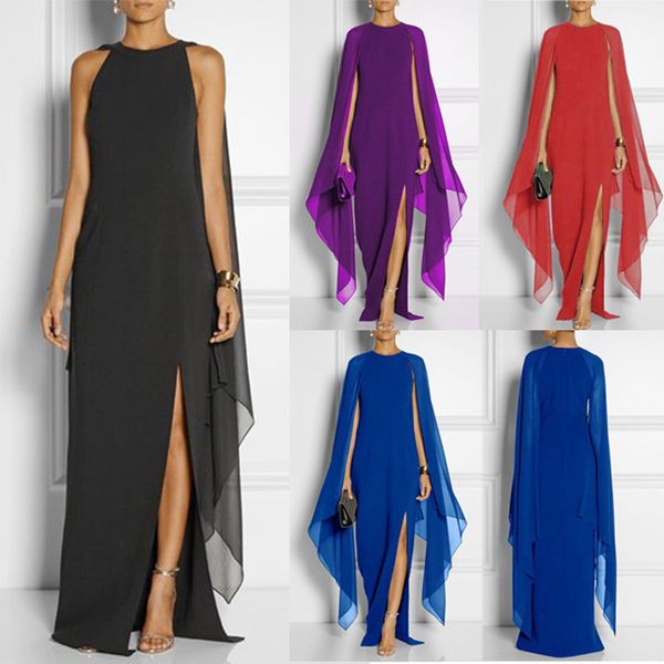 2022 summer chiffon sheath evening dress plus size mother of the bride dresses with bat sleeve high slit formal evening prom gowns, Black;red 
2022 summer chiffon sheath evening dress plus size mother of the bride dresses with bat sleeve high slit formal evening prom gowns, Black;red