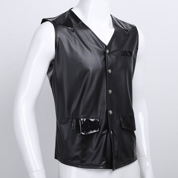 solid men pu leather splice patent leather v -neck sleeveless vest with front snap buttons pockets clubwear costume tank, White;black
solid men pu leather splice patent leather v -neck sleeveless vest with front snap buttons pockets clubwear costume tank, White;black