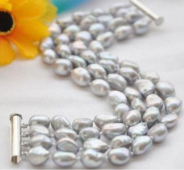 <<<4row 7.5" 9-11mm gray baroque freshwater cultured pearl bracelet, Golden;silver