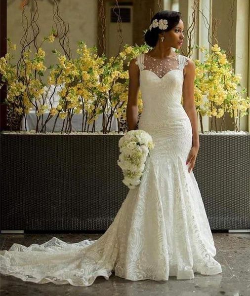 African Mermaid Wedding Dresses Illusion Neckline Country Bridal Gowns Lace Covered Button Back Sexy Aso Ebi Lace Wedding Dress