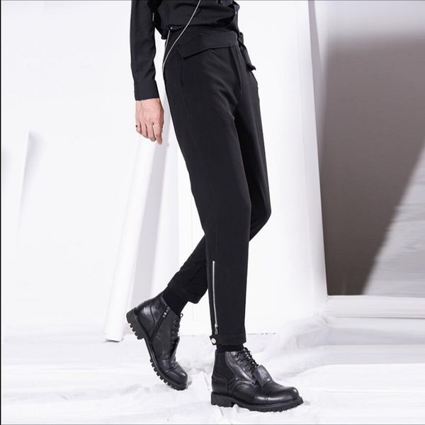 m-5xl original design hair stylist nine points feet pants men's irregular belt tide tapered pants singer stage zippers trousers, Black
m-5xl original design hair stylist nine points feet pants men's irregular belt tide tapered pants singer stage zippers trousers, Black