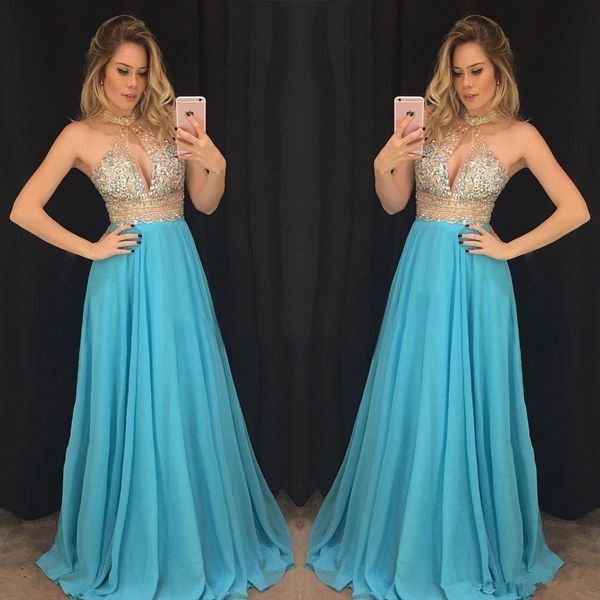 bling bling 2019 prom dresses crystal beading halter neck formal evening gowns illusion a line chiffon girls party dress m44, Black
bling bling 2019 prom dresses crystal beading halter neck formal evening gowns illusion a line chiffon girls party dress m44, Black