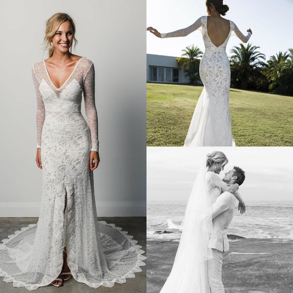 modest long sleeve wedding dresses v neck lace front split backless sweep train mermaid wedding gowns illusion plus size bridal dress, White
modest long sleeve wedding dresses v neck lace front split backless sweep train mermaid wedding gowns illusion plus size bridal dress, White