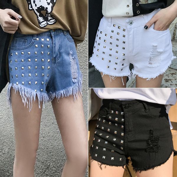 2018 new women's distressed denim shorts fashion brand vintage tassel ripped loose high waist shorts punk short rivet jeans, White;black
2018 new women's distressed denim shorts fashion brand vintage tassel ripped loose high waist shorts punk short rivet jeans, White;black