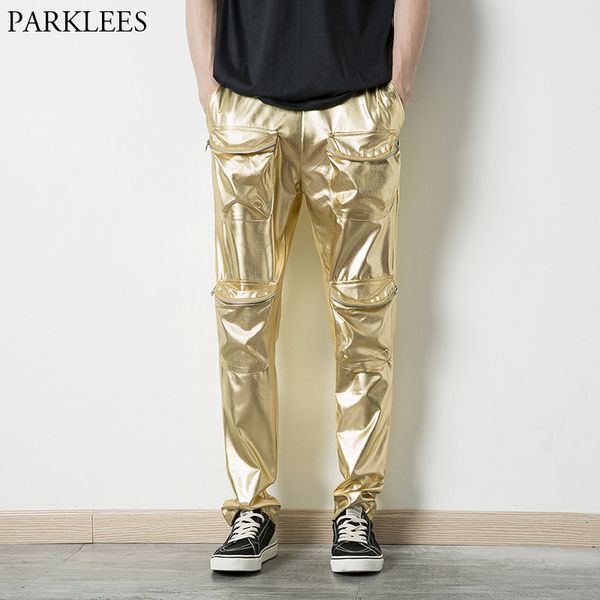 men's gold shiny metallic pants 2018 fashion multi pocket design pu leather pants men nightclub dj stage wear trousers for men, Black
men's gold shiny metallic pants 2018 fashion multi pocket design pu leather pants men nightclub dj stage wear trousers for men, Black