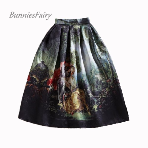 

bunniesfairy 50s princess royal vintage retro fantasy oil painting floral print high waist midi skirt full circle saia femininas, Black