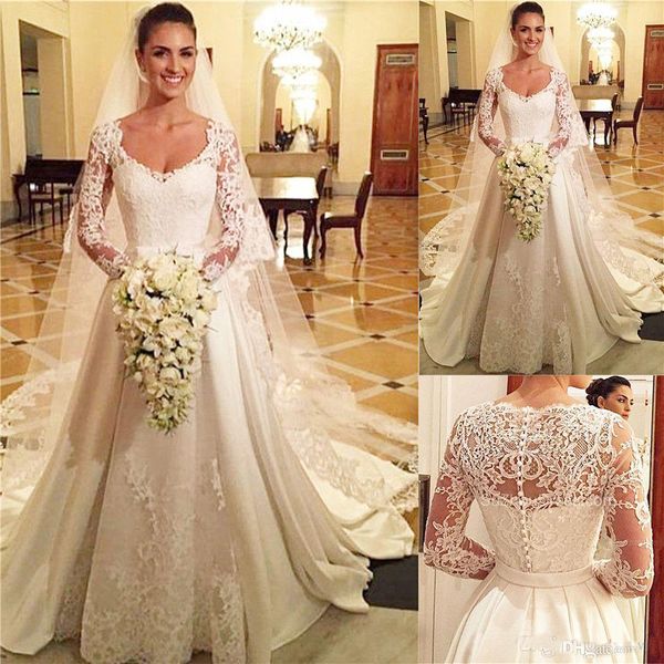 V-neck Lace Appliques Wedding Dresses 2019 Latest Elegant Satin Wedding Dresses Long Sleeve Button Back Bridal Gowns With Matching Veil
V-neck Lace Appliques Wedding Dresses 2019 Latest Elegant Satin Wedding Dresses Long Sleeve Button Back Bridal Gowns With Matching Veil