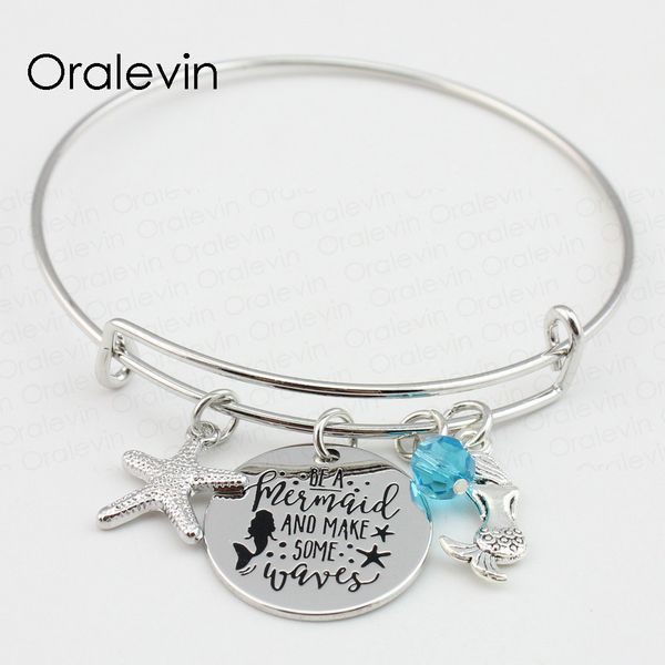 be a mermaid and make some waves inspired engraved pendent charms expandable wire mermaid bracelet bangle gift jewelry ,#ln109b, Black
be a mermaid and make some waves inspired engraved pendent charms expandable wire mermaid bracelet bangle gift jewelry ,#ln109b, Black