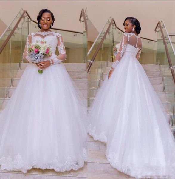 2018 new a line wedding dresses long sleeves illusion sheer neck lace applique sweep train african bateau neckline bridal gown, White
2018 new a line wedding dresses long sleeves illusion sheer neck lace applique sweep train african bateau neckline bridal gown, White