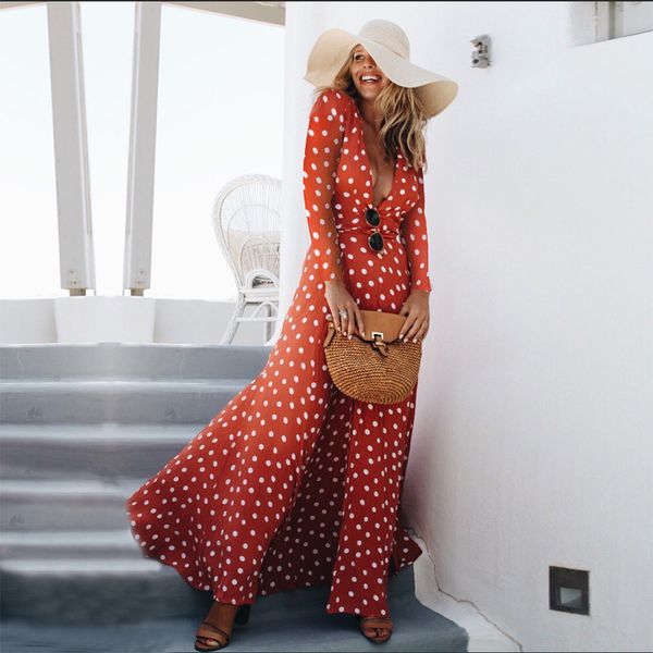 efvandoloe long dress women red dot polka maxi dress 2018 v neck a line bandage dresses, White;black
efvandoloe long dress women red dot polka maxi dress 2018 v neck a line bandage dresses, White;black