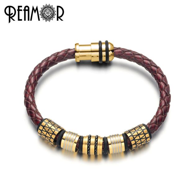 reamor fashion gold plating red brown leather bracelets men jewelry black stainless steel wire inlay punk bangle gift, Golden;silver
reamor fashion gold plating red brown leather bracelets men jewelry black stainless steel wire inlay punk bangle gift, Golden;silver
