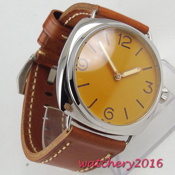 47mm orange sterile dial polished stainless steel case 17 jewels hand winding movement men's watch, Slivery;brown
47mm orange sterile dial polished stainless steel case 17 jewels hand winding movement men's watch, Slivery;brown