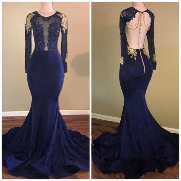 2018 Navy Blue Gold Applique Mermaid Prom Dresses Keyhole Backless Sexy Illusion Sheer Long Sleeves Pageant Evening Gowns Custom Made, Black
2018 Navy Blue Gold Applique Mermaid Prom Dresses Keyhole Backless Sexy Illusion Sheer Long Sleeves Pageant Evening Gowns Custom Made, Black