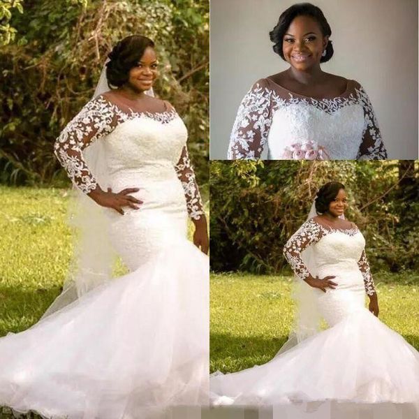 2018 sheer long sleeves plus size mermaid wedding dresses lace appliqued off shoulders trumpet puffy train vestidos de novia wedding gowns, White
2018 sheer long sleeves plus size mermaid wedding dresses lace appliqued off shoulders trumpet puffy train vestidos de novia wedding gowns, White
