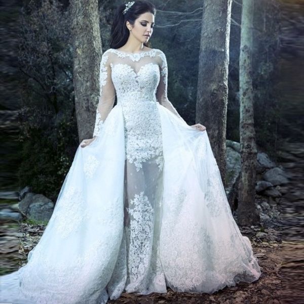 gorgeous mermaid wedding dresses with detachable skirt illusion sweep train long sleeve bridal dress lace appliques plus size gowns, White
gorgeous mermaid wedding dresses with detachable skirt illusion sweep train long sleeve bridal dress lace appliques plus size gowns, White