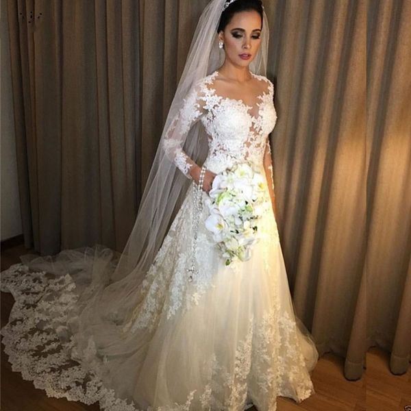 a-line long sleeve tulle wedding dresses sheer jewel neck lace appliques romantic beach bridal dress vestidos de noiva wedidng gowns, White
a-line long sleeve tulle wedding dresses sheer jewel neck lace appliques romantic beach bridal dress vestidos de noiva wedidng gowns, White