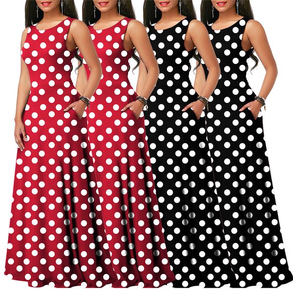 women fashion summer dress scoop neck sleeveless back hollow out polka dot trumpet long dresses q133, Black;gray 
women fashion summer dress scoop neck sleeveless back hollow out polka dot trumpet long dresses q133, Black;gray