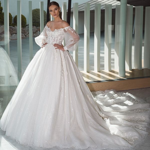 classy lace ball gown wedding dresses long sleeves off the shoulder v neck sequined bridal gowns appliqued chapel tulle vestidos de novia, White
classy lace ball gown wedding dresses long sleeves off the shoulder v neck sequined bridal gowns appliqued chapel tulle vestidos de novia, White