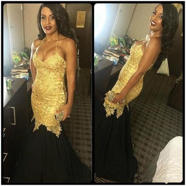 2018 new gold and black mermaid prom dresses halter neck appliques lace long party dress custom size black girl formal dresses
2018 new gold and black mermaid prom dresses halter neck appliques lace long party dress custom size black girl formal dresses