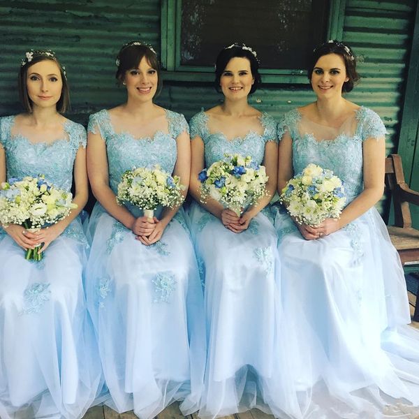 2018 fairy light blue sheer neck bridesmaids dresses western garden country weddings a line cap sleeves lace appliques maid of honor gowns, White;pink
2018 fairy light blue sheer neck bridesmaids dresses western garden country weddings a line cap sleeves lace appliques maid of honor gowns, White;pink
