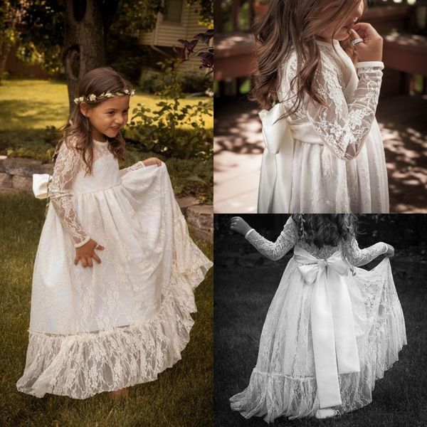 Lovely Lace Flower Girls Dresses Long Sleeves Cheap White Floor Length A Line Ribbon Bows Nicely Sheer Neck Formal Occasion Gowns
Lovely Lace Flower Girls Dresses Long Sleeves Cheap White Floor Length A Line Ribbon Bows Nicely Sheer Neck Formal Occasion Gowns