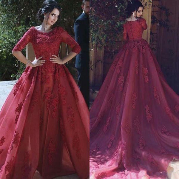 arabic vestidos 2018 vintage burgundy half sleeves evening dresses a line jewel neck appliques tulle with detachable formal train prom dress, Black;red
arabic vestidos 2018 vintage burgundy half sleeves evening dresses a line jewel neck appliques tulle with detachable formal train prom dress, Black;red