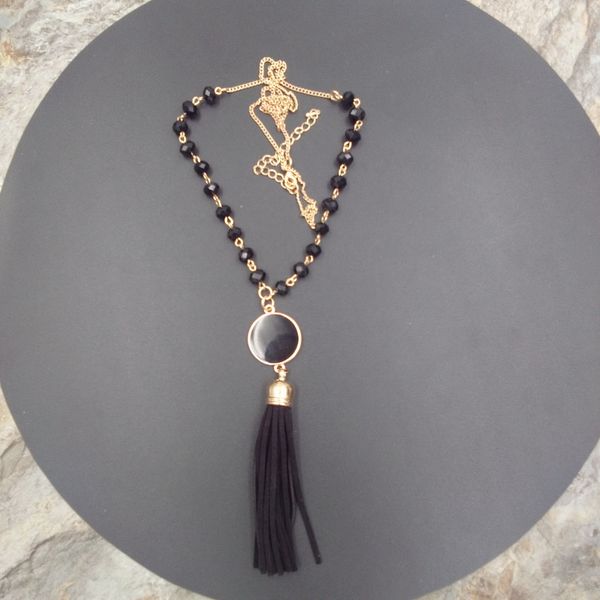 western style tassel pendant chain hand-faceted glass edging black suede vinyl enamel disc necklace, Silver
western style tassel pendant chain hand-faceted glass edging black suede vinyl enamel disc necklace, Silver