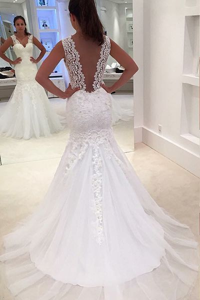 backless mermaid deep v neck ivory white tulle wedding dress with lace handmade appliques new transparent sweep train bridal gowns best
backless mermaid deep v neck ivory white tulle wedding dress with lace handmade appliques new transparent sweep train bridal gowns best