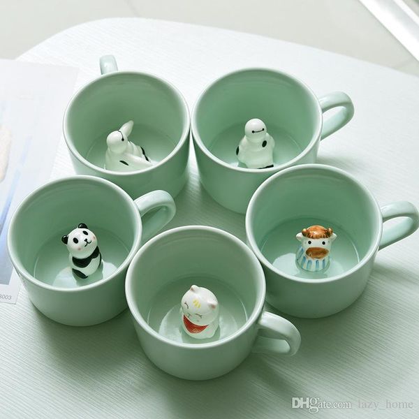 

3d ceramic cup 230ml creative small milk mug animals cartoon cat panda in the cup coffe mugs with lid spoon