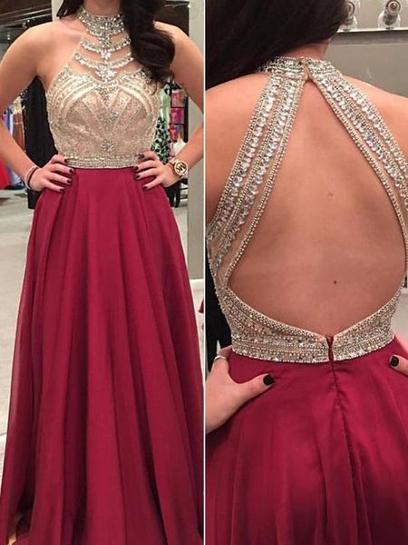 open back halter burgundy long prom dresses sequined design crystal beaded illusion evening party dresses special prom gowns, Black
open back halter burgundy long prom dresses sequined design crystal beaded illusion evening party dresses special prom gowns, Black