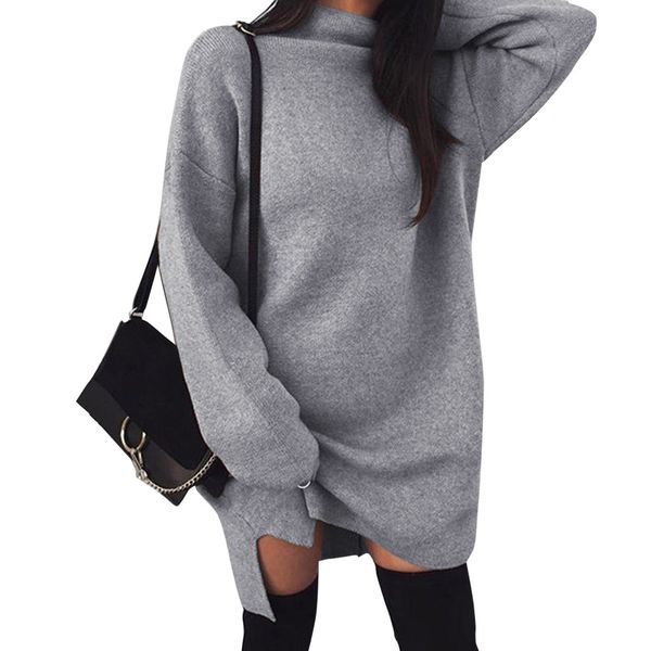 new european and american casual large size loose knitted high necked split dress ckzzq-00001, Black;gray
new european and american casual large size loose knitted high necked split dress ckzzq-00001, Black;gray