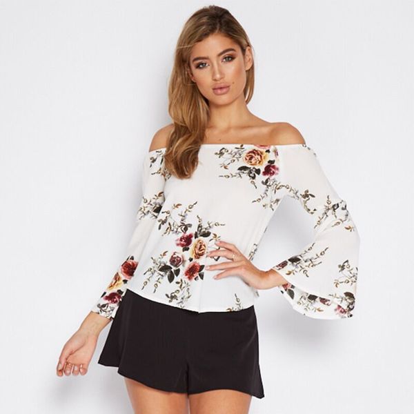 

slash neck off shoulder blouse chiffon floral print women cool blouse shirt flare sleeve summer blusa feminina 40f, White