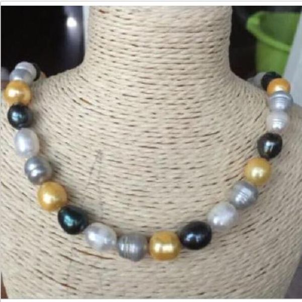 12-13mm baroque south sea black gray gold white pearl necklace 19" yellow clasp, Silver
12-13mm baroque south sea black gray gold white pearl necklace 19" yellow clasp, Silver