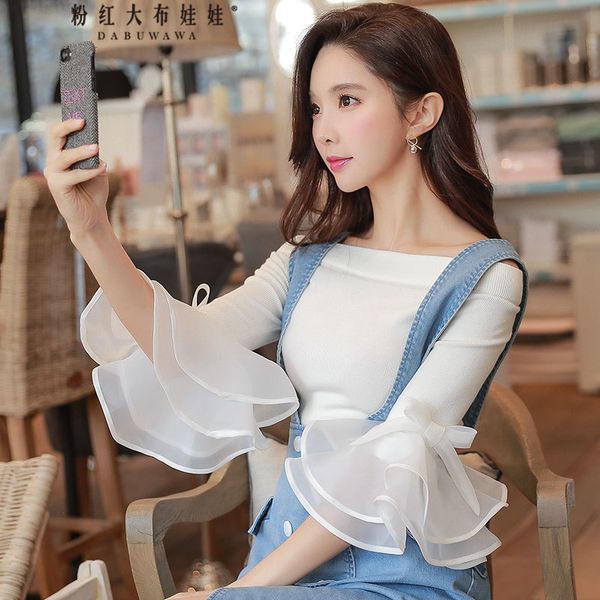 original 2018 brand spring autumn plus size flare sleeve white elegant cute slash neck knitted women wholesale, White;black
original 2018 brand spring autumn plus size flare sleeve white elegant cute slash neck knitted women wholesale, White;black